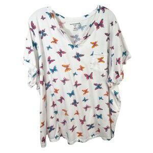 Woman Within Plus Size 30/32 Top 3X Butterfly Print V-Neck Short‎ Sleeve Tee 707